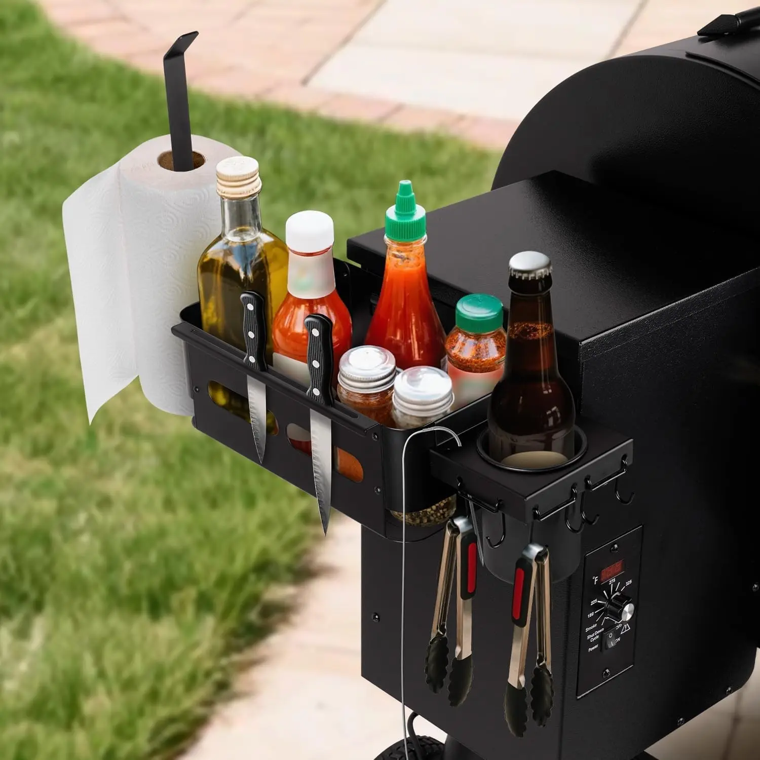 Goldusk Storage Bin with Paper Towel Holder and Drink Holder Accessories for Outdoor Grill Smoker Accessories