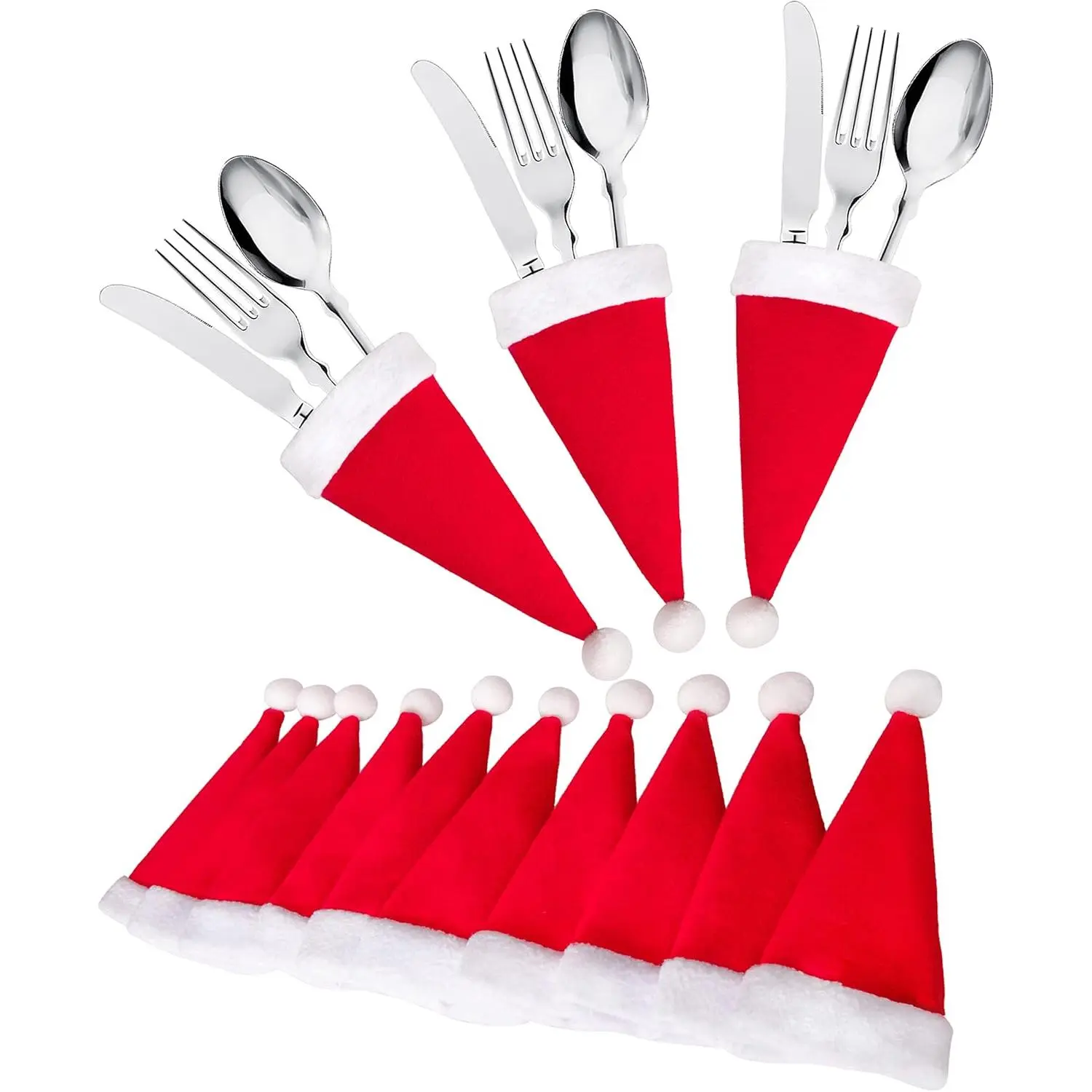 38Ct Christmas Santa Hats Silverware Holders | Xmas Party,Dinner Table,Dinnerware Decorations Supplies,Flatware Decor