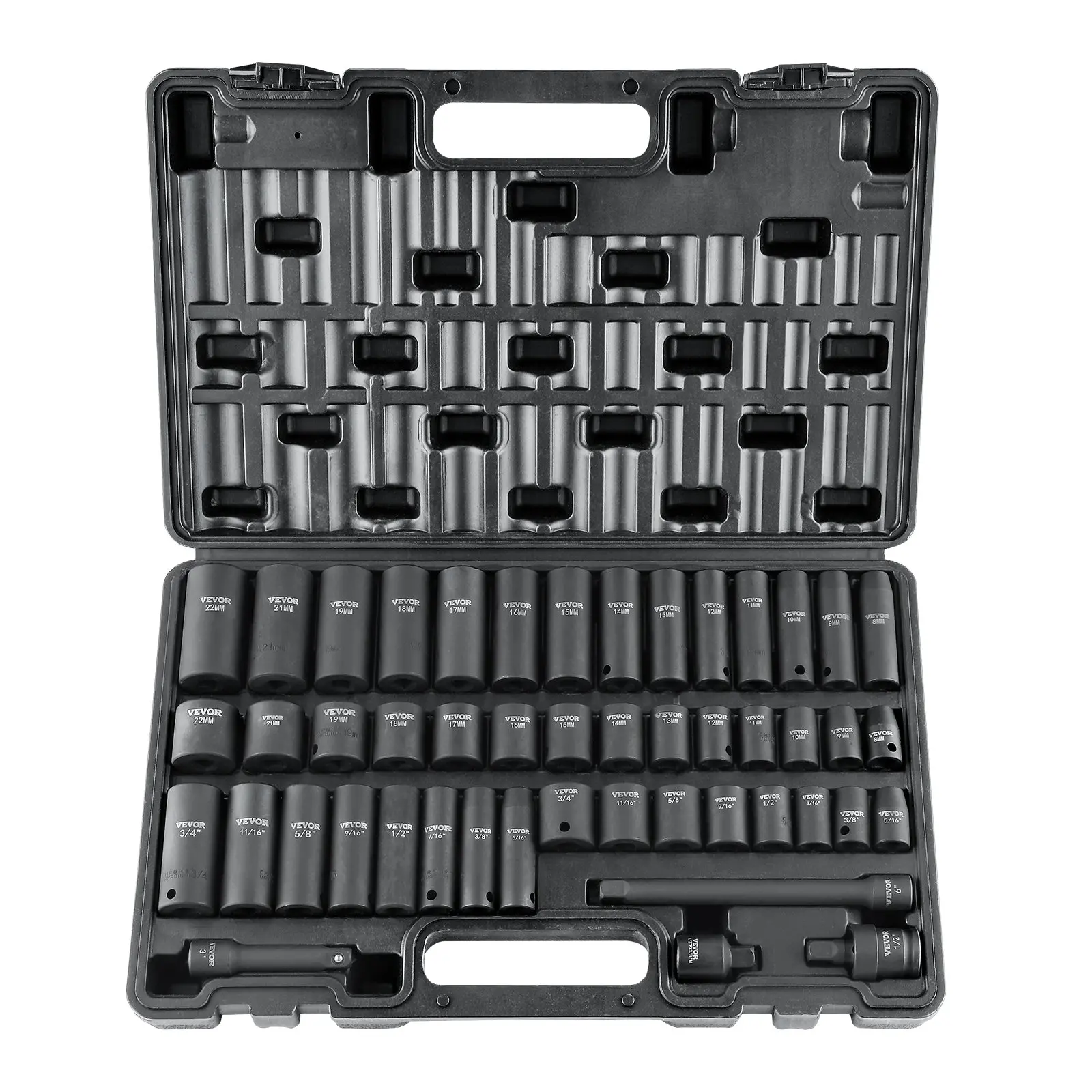 【toolupgrade】VEVOR 3/8" Drive Impact Socket Set, 48-Piece SAE 5/16"-3/4" & Metric 8-22mm 6-Point Cr-V Set with Drive Extension Bar, Universal Joint, Power Drill Adapter & Storage Case