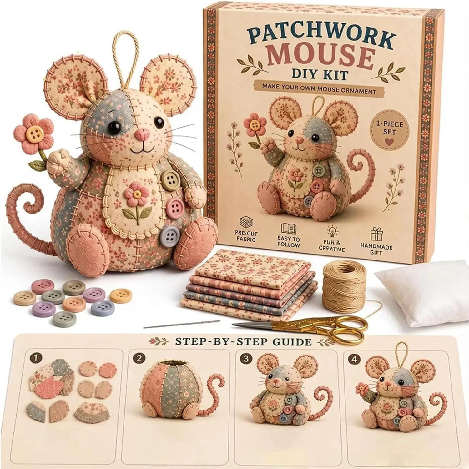 Patchwork Mouse DIY Kit, Hand Sewing Craft Set, Creative Quilted Animal Project, Cute Mouse DIY Kit, Perfect Gift for Sewing Enthusiasts, Diy Handmade Crafts