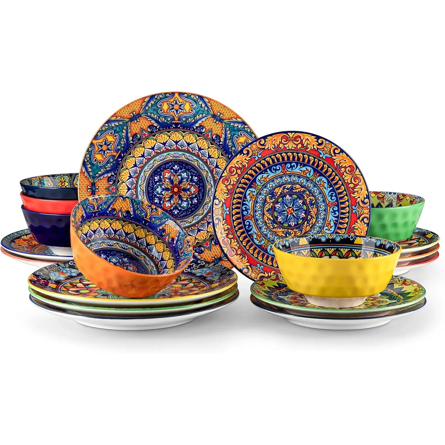 18 count Plates and Bowls Set, Bohemian Style Dinnerware Sets Service for 6, Porcelain Boho Dishes Set for Kitchen, Housewaring , Dishwasher and Microwave Safe, Series KRVI