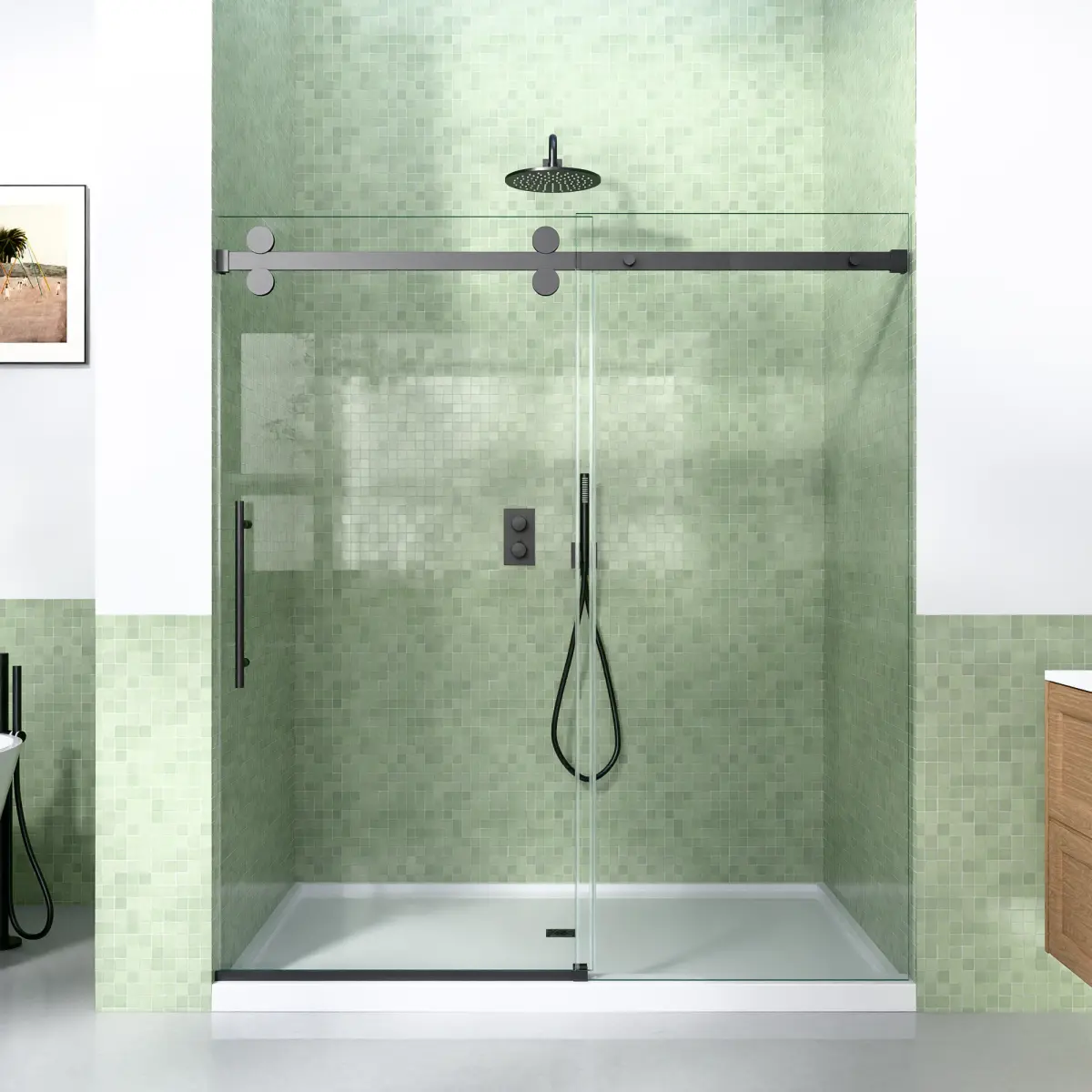 56-60"x72" Frameless Sliding Shower Enclosure – 8mm Thick SGCC Tempered Safety Glass, Matte Black Finish, Stainless Steel Hardware, Easy-Clean Surface, Space-Saving Design