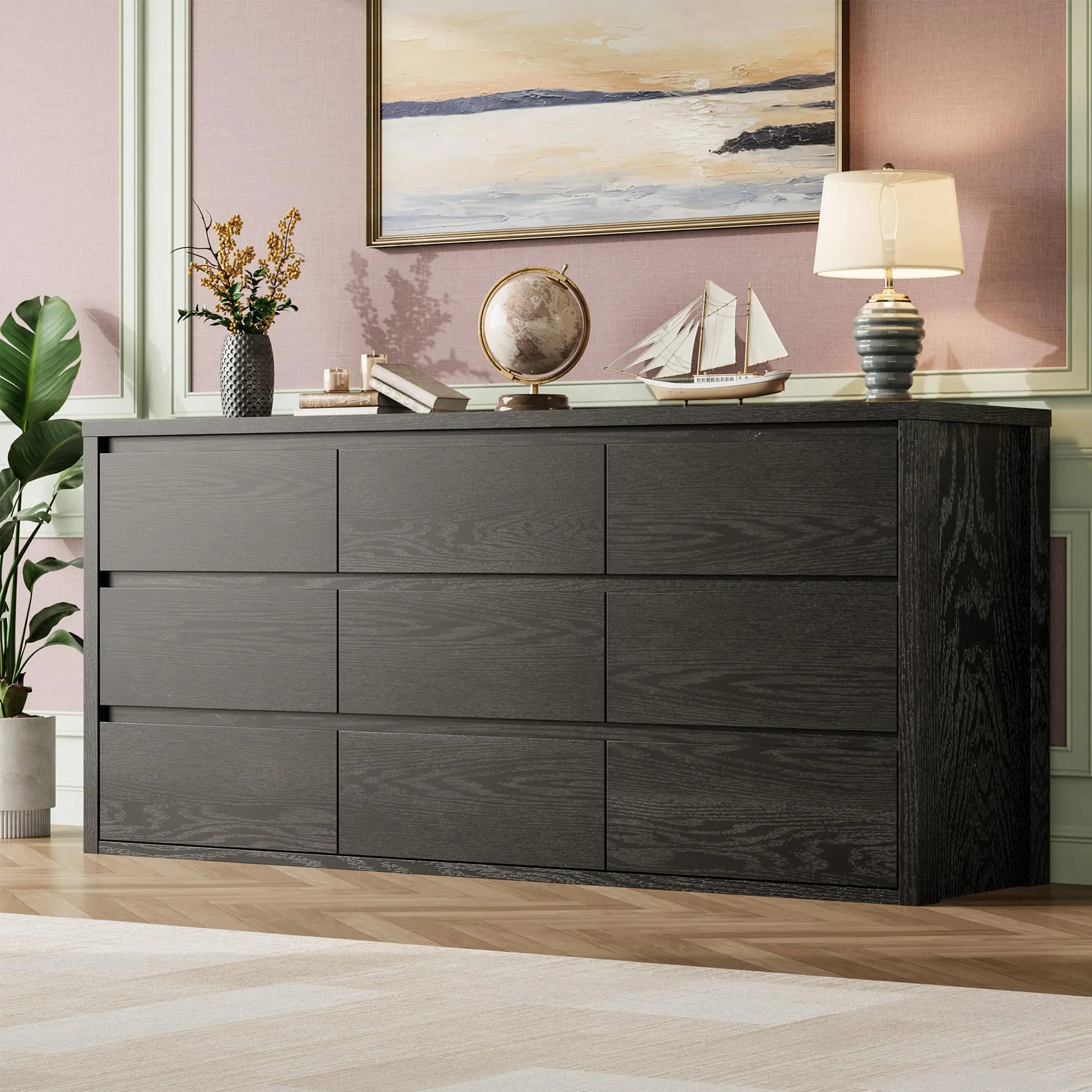 9 Drawer Dresser for Bedroom, Wide Chest of Drawers with Handleless Design, Large Wood Storage Organizer for Living Room Hallway Entryway, Modern Brown