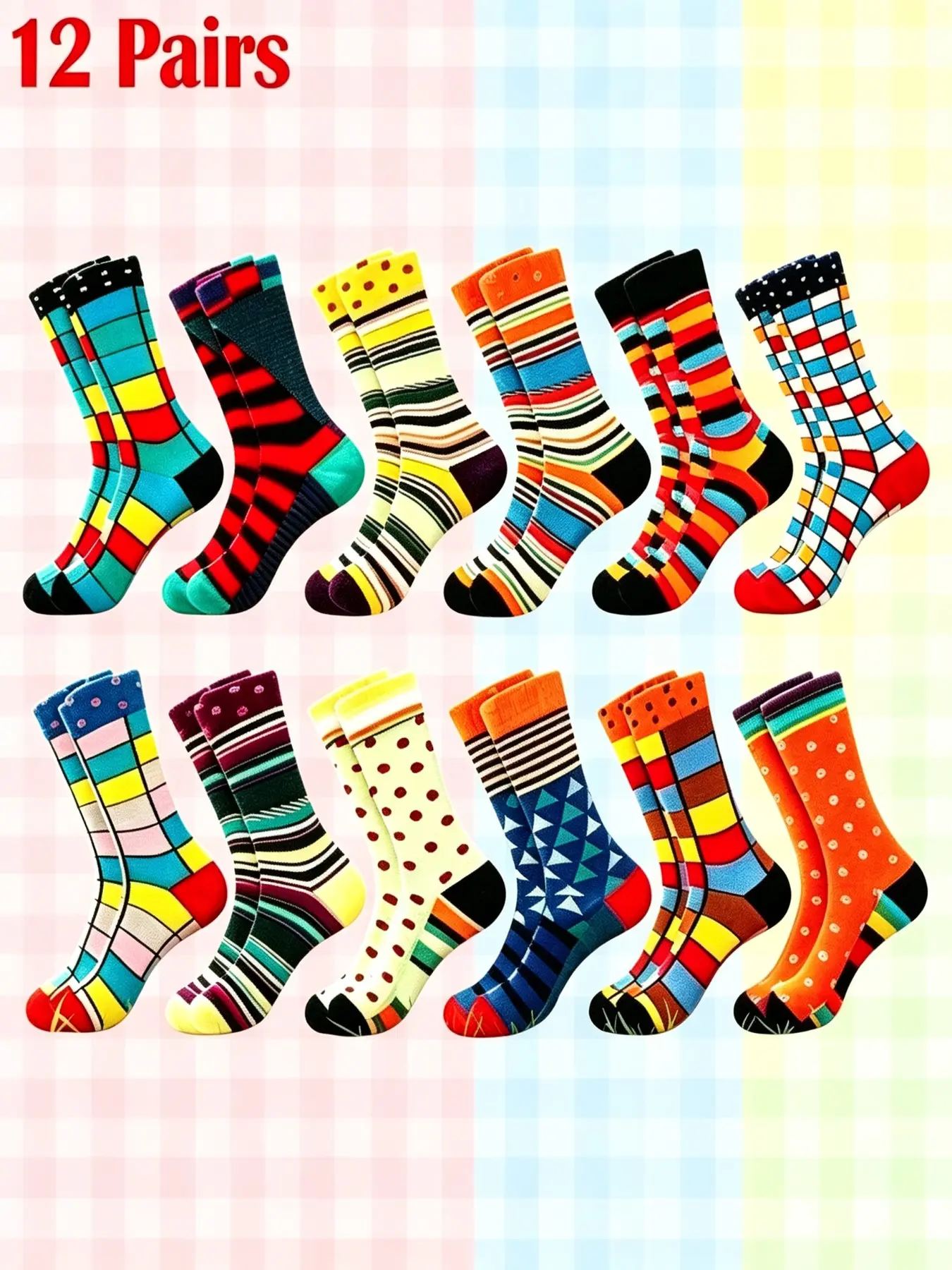 12 Pairs Men's Mid-Calf Socks, Geometric Patterns, Bright Colors, Comfortable, Ideal for Home, Daily Wear, Parties, Gifts, Casual Daily Socks
