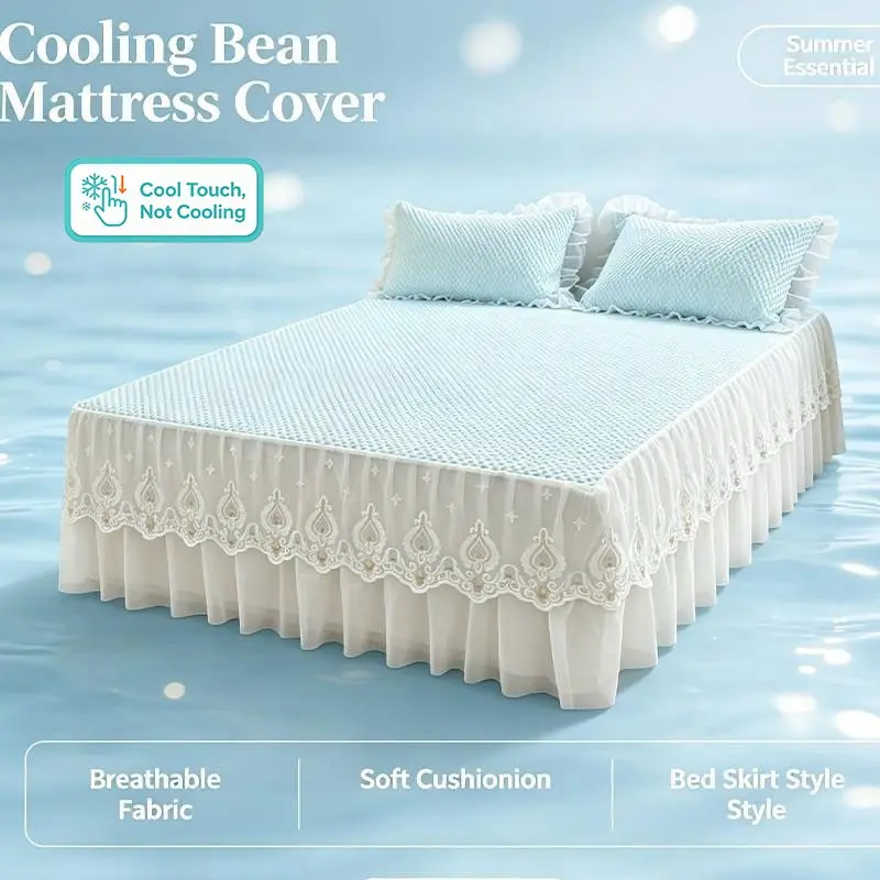 Bubble Cool Touch Bed Sheet with Lace Bed Skirt, 3-Piece Summer Cooling Set, Ice Silk Breathable Mat, Full Size for Hot Sleepers, Bedding Sets