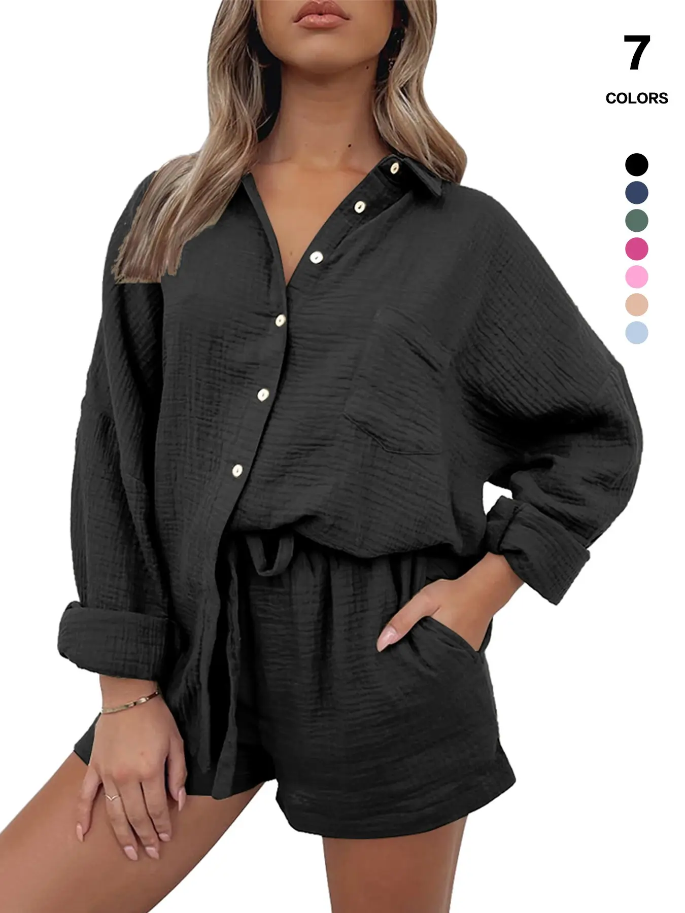 Women's Oversized Collar Long Sleeve Button Down Top, Elastic Adjustable Drawstring Shorts, Crinkle Fabric Sleepwear Set, Loose Breathable Loungewear