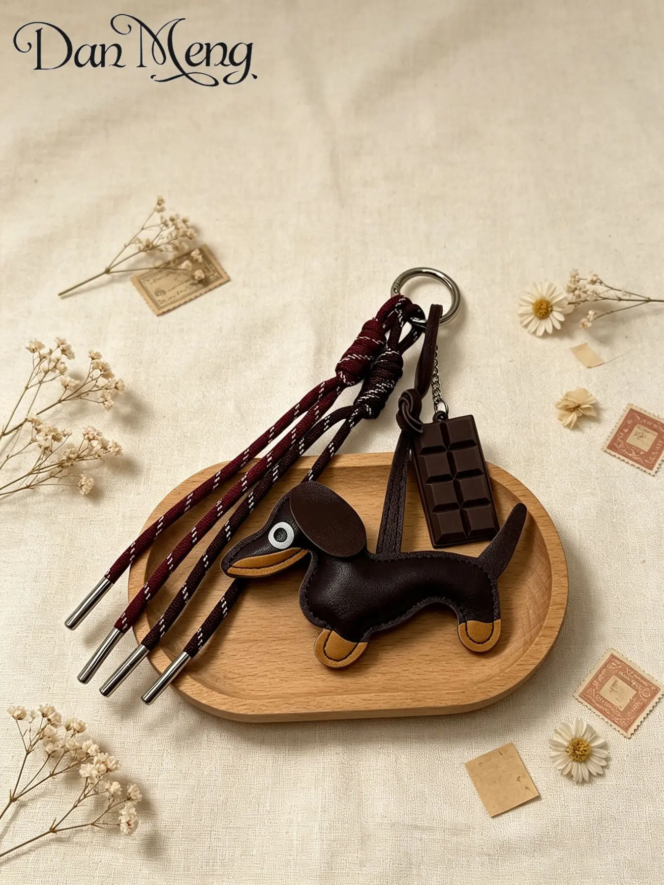 Korean Style Cartoon Weiner Dog Leather Keychain, Long Tassel Rope, Student Book Bag Accessory, Cute Plain Pattern