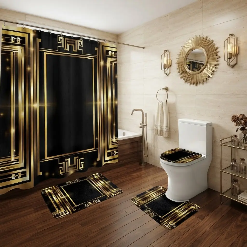4pcs Base Shiny Gold Geometric Shower Curtain Set, Luxury Art Deco Bathroom Accessory Kit,The floor mat fabric is thicker and softer!  Modern Elegant Home Decor Combo