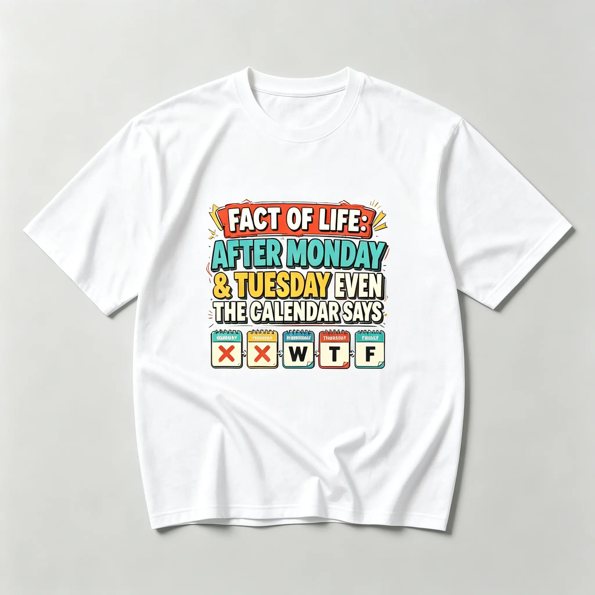 Fact Of Life After Monday Tuesday Calendar Funny Weekday Graphic Print |     100% Cotton T-Shirt, Sarcastic Work Week Humor Meme Tee, Unisex Men Women Casual Top, Office Daily Workplace Outfit, Funny Coworker Novelty Gift For Colleagues