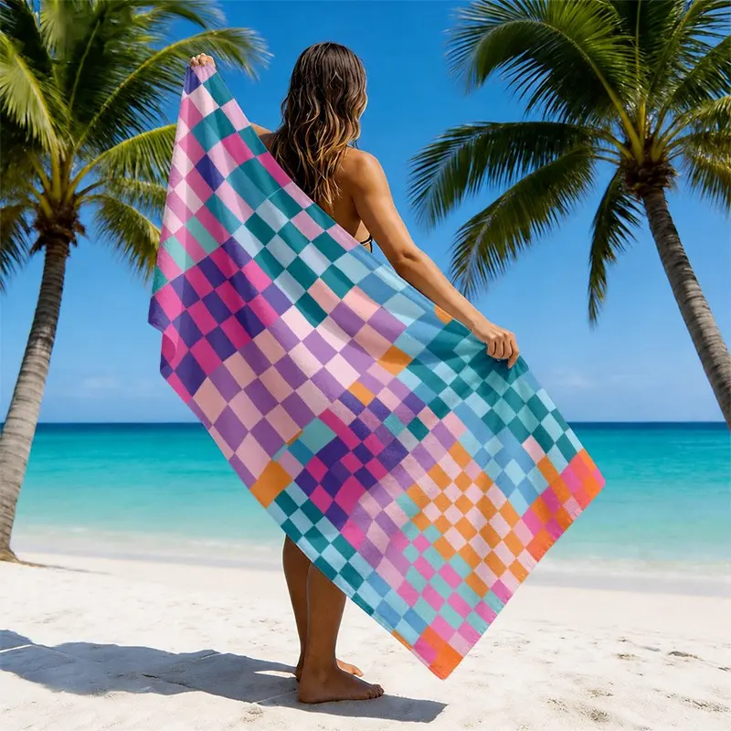 Colorful Checkerboard Beach Towel, Modern Abstract Geometric Style, Absorbent, Sand Resistant, Quick Drying Towel, Lightweight Towel for Beach Pool Outdoor Travel Use, Summer Gift
