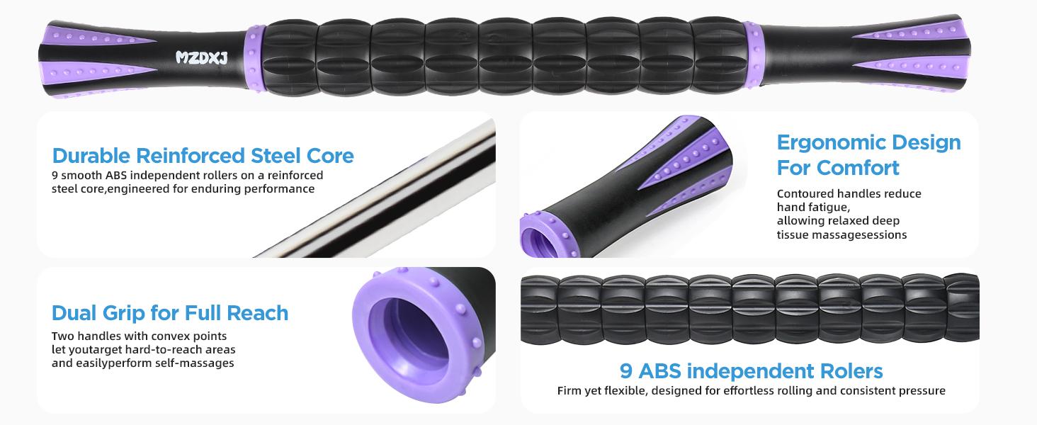Muscle Roller Massage Roller Stick- Deep Tissue Fascia Blaster for Myofascial Pain Relief, Lymphatic Drainage & Body Sculpting, Handheld Physical Therapy & Recovery Tool (Purple Black-18 inch)