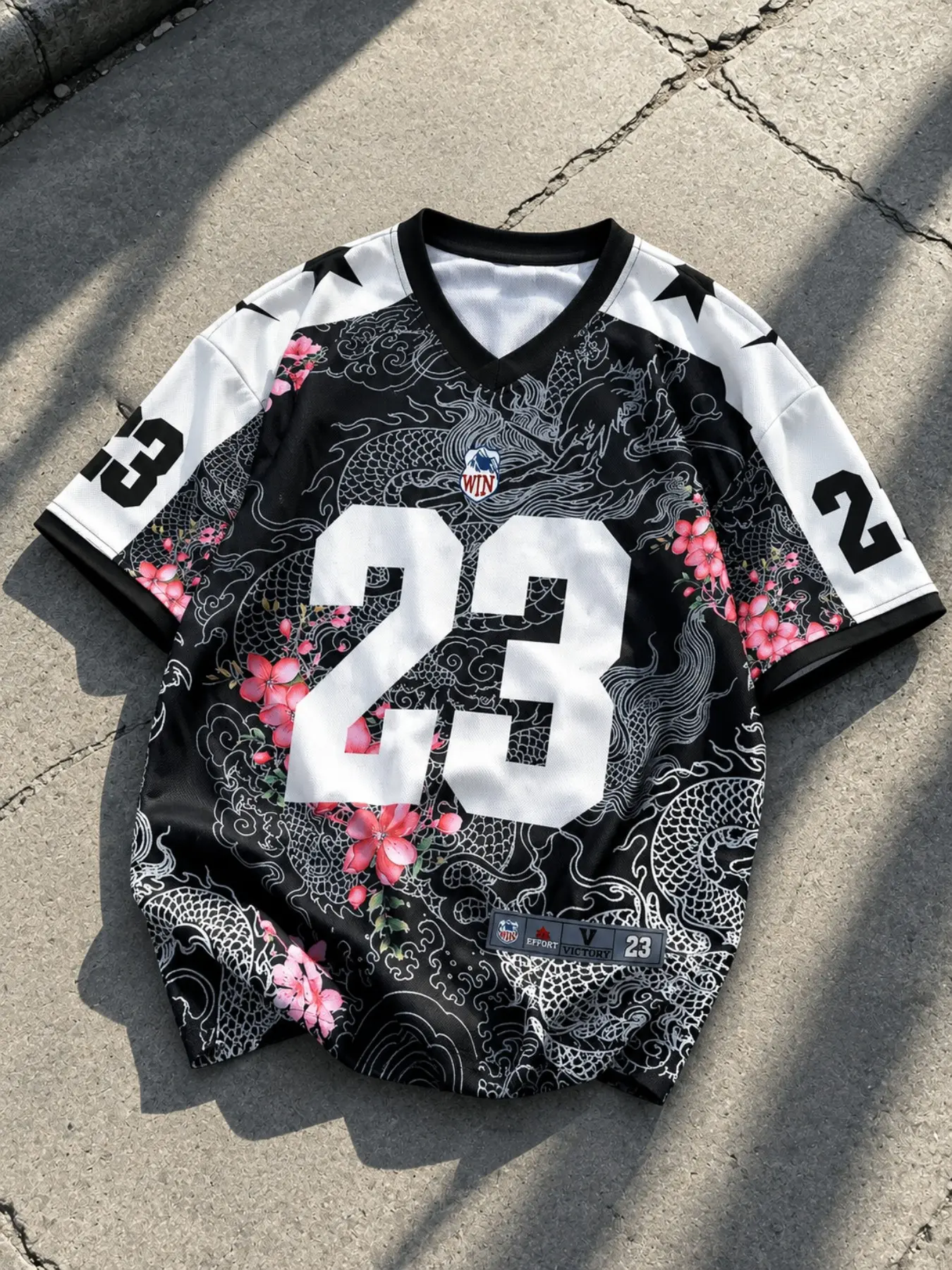 Digital Craft Dragon Print V-Neck Sports Jersey T-Shirt, Athletic Tee, Unisex Summer Wear, Full Pattern Design, Comfortable Fit