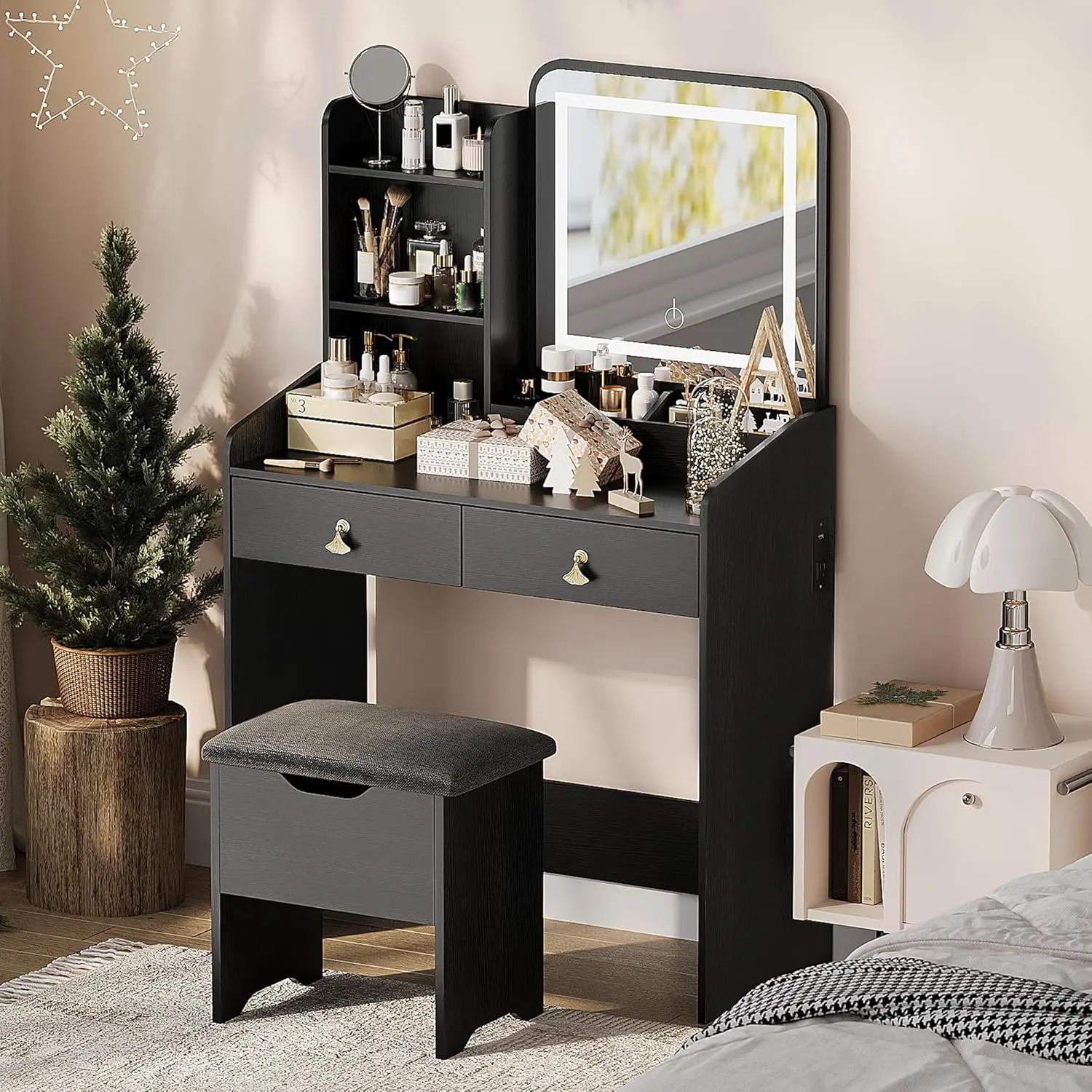 GARVEE Women's Small LED Vanity Desk Furniture Set - Black Indoor Dressing Table with LED Lights Mirror, Charging Station, 2 Drawers, 1 Open Shelf, Storage Stool, Durable Spacious Tabletop, Gold Ginkgo Leaf Handles, Assembly Required