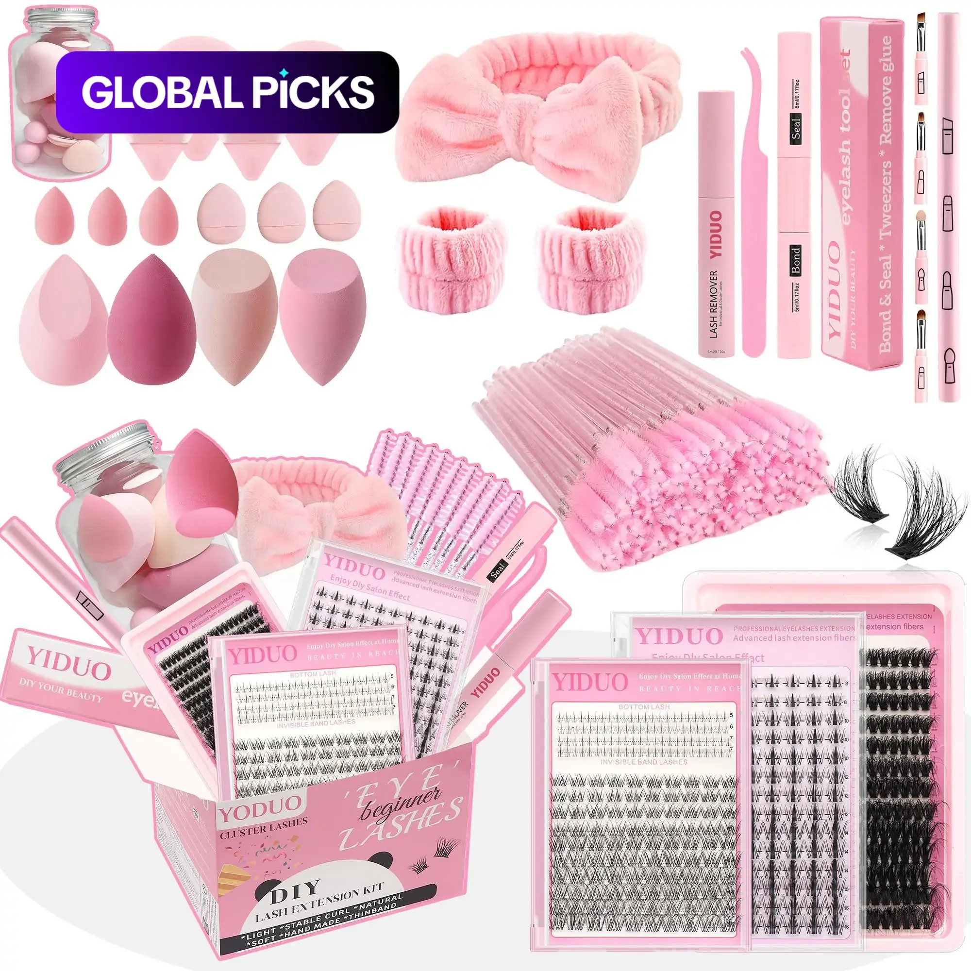 Professional Makeup Tool Set, 1 Set Natural False Lashes Clusters, Powder Puffs, Eyelash Glue Tweezers and Accessories, DIY Lash Tools, Facial Makeup Supplies for Women and Girls #GLOBAL PICKS