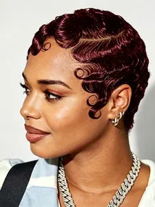 13x4 Lace Finger Wave Human Hair Wig Short Pixie Cut Wigs Finger Ocean Wave Wig for Women