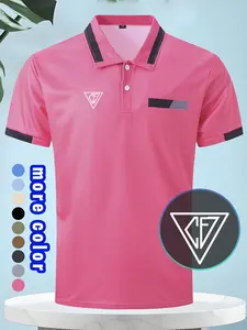 New Men's Casual Polo Shirt, Chest Pouch Design, Cf Print Collar Button Short Sleeve Tee, Comfortable Breathable Fabric, Ideal for Leisure, Vacation, Sports