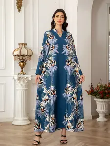 Elegant Floral Print Jalabiya Dress, Fashionable Middle Eastern Style, Light Luxury Embroidered Rhinestone Collar, Women's Long Robe