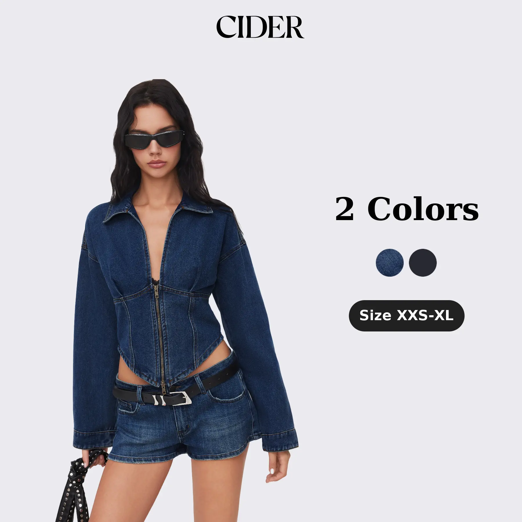 Cider Contrast Denim Collar Solid Corset Zipper Jacket – Women's Sexy Y2K Streetwear Night Out Top, Sleeveless Slim Fit Cropped Jean Vest for Spring/Summer SohoChic