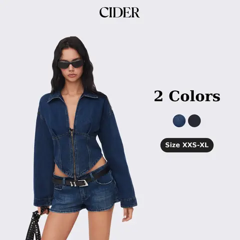 Cider Napoleonic Core Contrast Denim Collar Solid Corset Zipper Jacket – Women's Sexy Y2K Streetwear Night Out Top, Sleeveless Slim Fit Cropped Jean Vest Napoleon