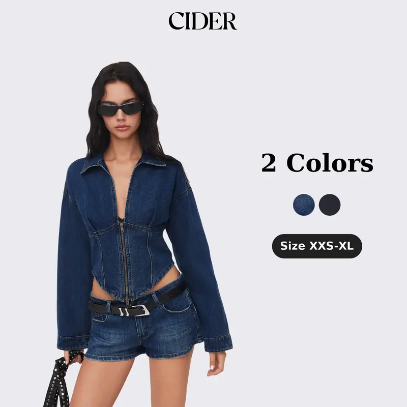 Cider Napoleonic Core Contrast Denim Collar Solid Corset Zipper Jacket – Women's Sexy Y2K Streetwear Night Out Top, Sleeveless Slim Fit Cropped Jean Vest Napoleon