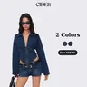 Cider Napoleonic Core Contrast Denim Collar Solid Corset Zipper Jacket – Women's Sexy Y2K Streetwear Night Out Top, Sleeveless Slim Fit Cropped Jean Vest Napoleon