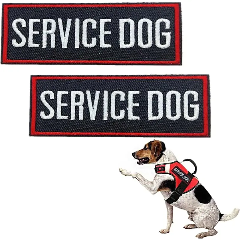 4 Pack Service Dog Hook and Loop Patches, Red Border Embroidered Tags for Dog Vests, Harnesses and Dogs in Training