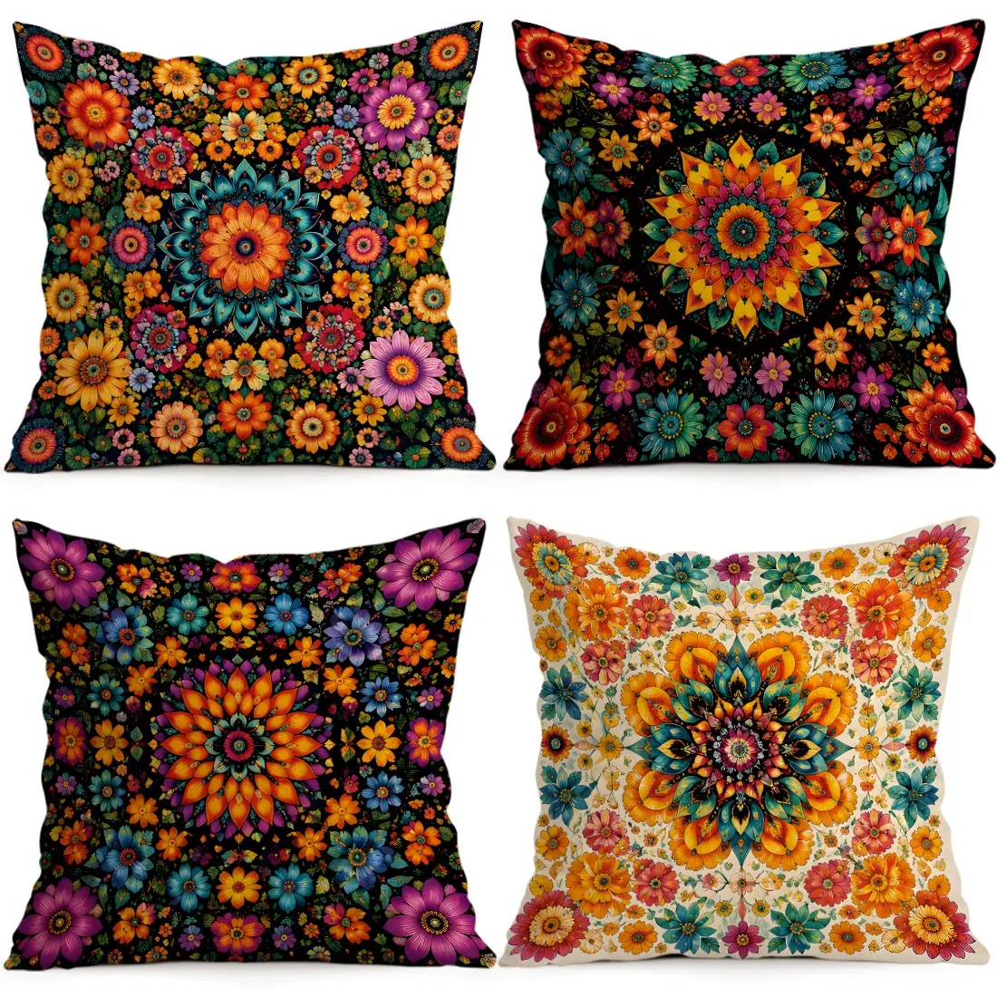 4pcs Floral Mandala Pattern Cushion Covers, Single-Sided Print, Home Decor for Living Room Bedroom, All-Season Pillow Cases, No Insert Included