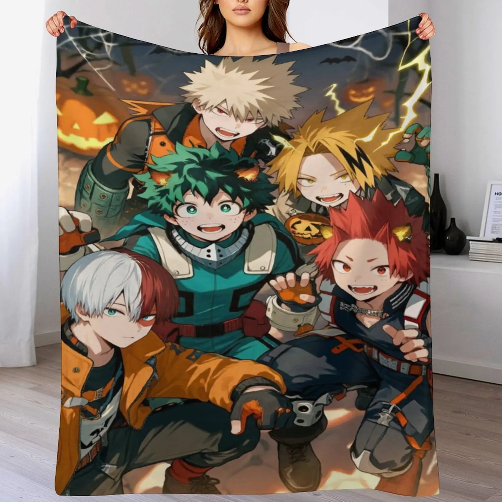 My Hero Academia Anime Print Hero Theme Flannel Throw Blanket - Soft Warm Blanket for Bed, Sofa - Wall Decor Bedroom, Bedroom Wall Decor Gift for MHA Fans (Izuku, Bakugo, Shoto, Kirishima, Denki)