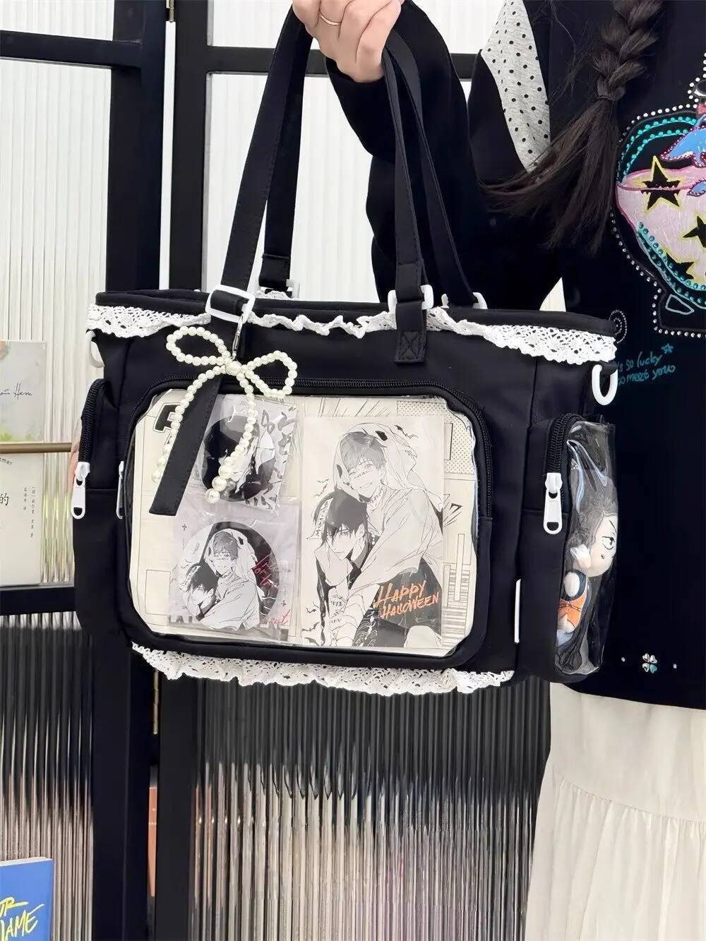 Japanese Sweet Women Ribbon Ita Bag Fashion Large Capacity Tote Bag Aesthetic Shoulder Bag Cute Lolita Girl Transparent Handbags