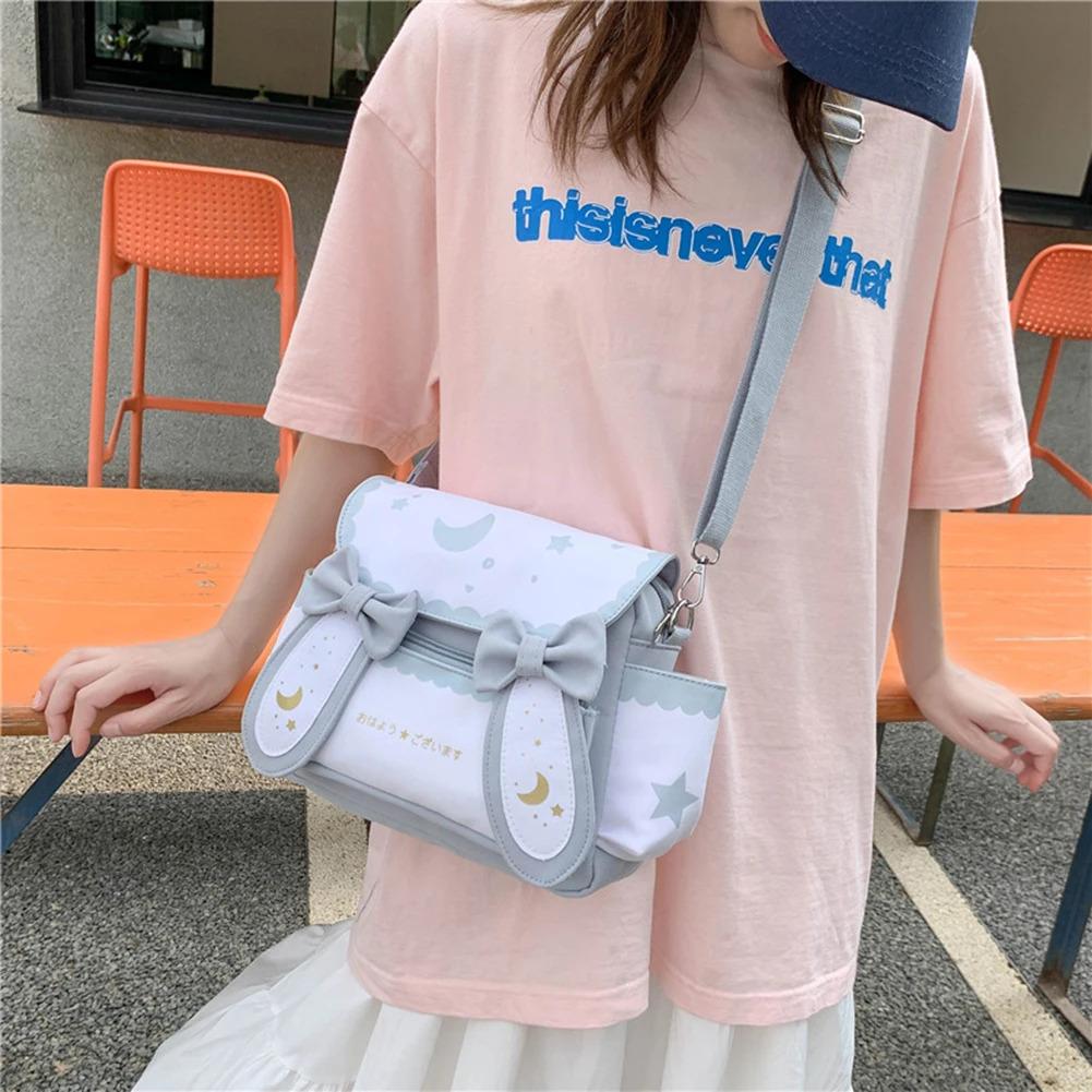 Y2K Cute Girl Lolita Bow Rabbit Shoulder Bag Women Star Moon Canvas Crossbody Bags Korean Kawaii Satchel Bag Sweet Messenger Bag