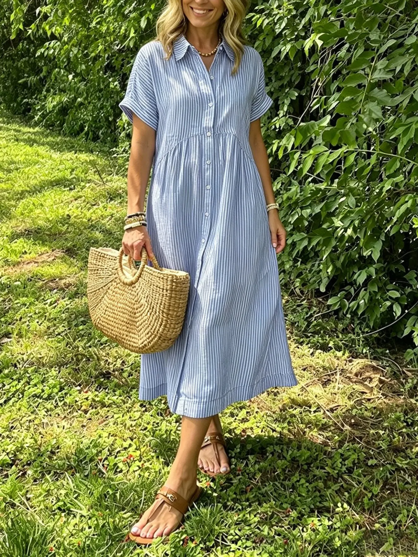 Loose Fit Striped Short Sleeve Shirt Dress for Women, Summer New Casual Midi Dress, Blue Vertical Stripe Button Front High Waist