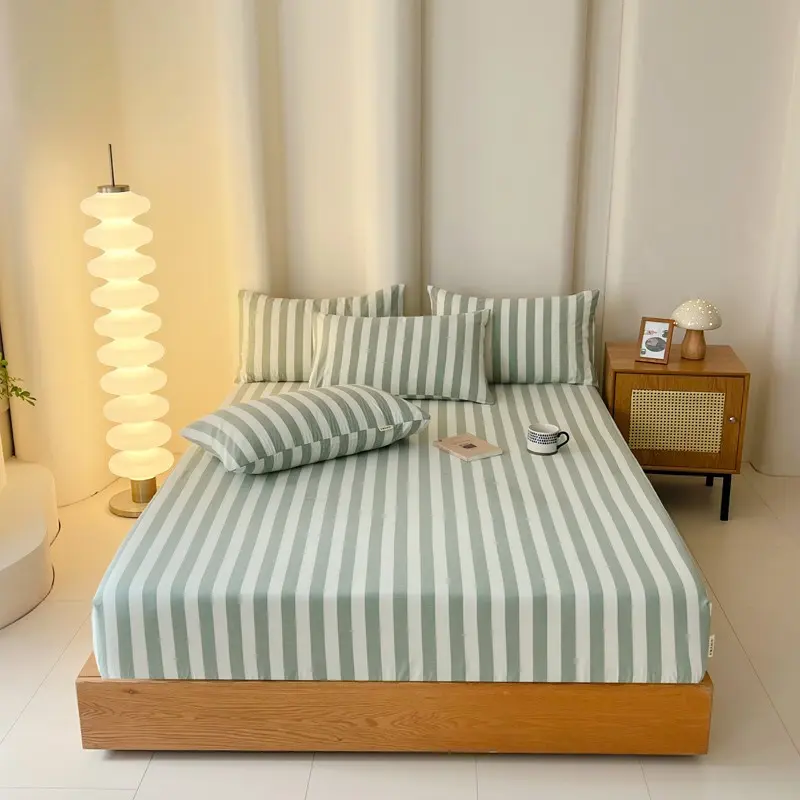 3pcs Stripe Bed Sheet Set, Includes 1 Mattress Cover + 2 Pillowcases, Soft Breathable Fabric, Dustproof Anti-Slip, Single Double Queen, Bedding Essentials