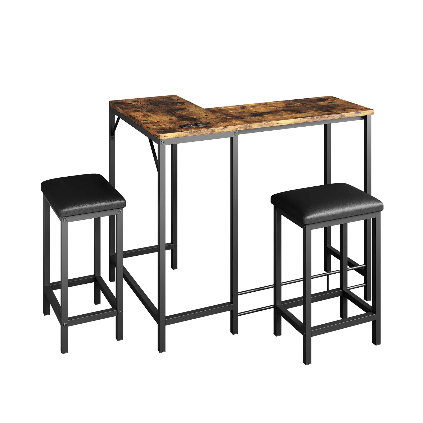 63 Inch L Shaped Convertible Bar Table Set with Built-in Power Outlets, 3 Piece Counter Height Breakfast Nook Dining Table with 2 Stools, Space Saving Corner Kitchen Furniture for 2-4 People
