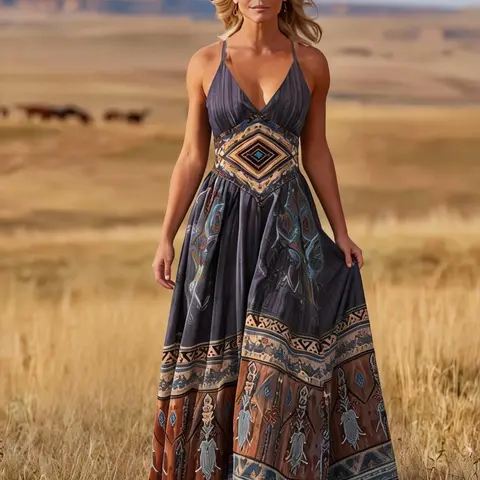 Vintage Western Halter V-Neck Long Dress, Bohemian Geometric Print Waist Cinched Vacation Dress, Casual Boho Chic Summer Wear