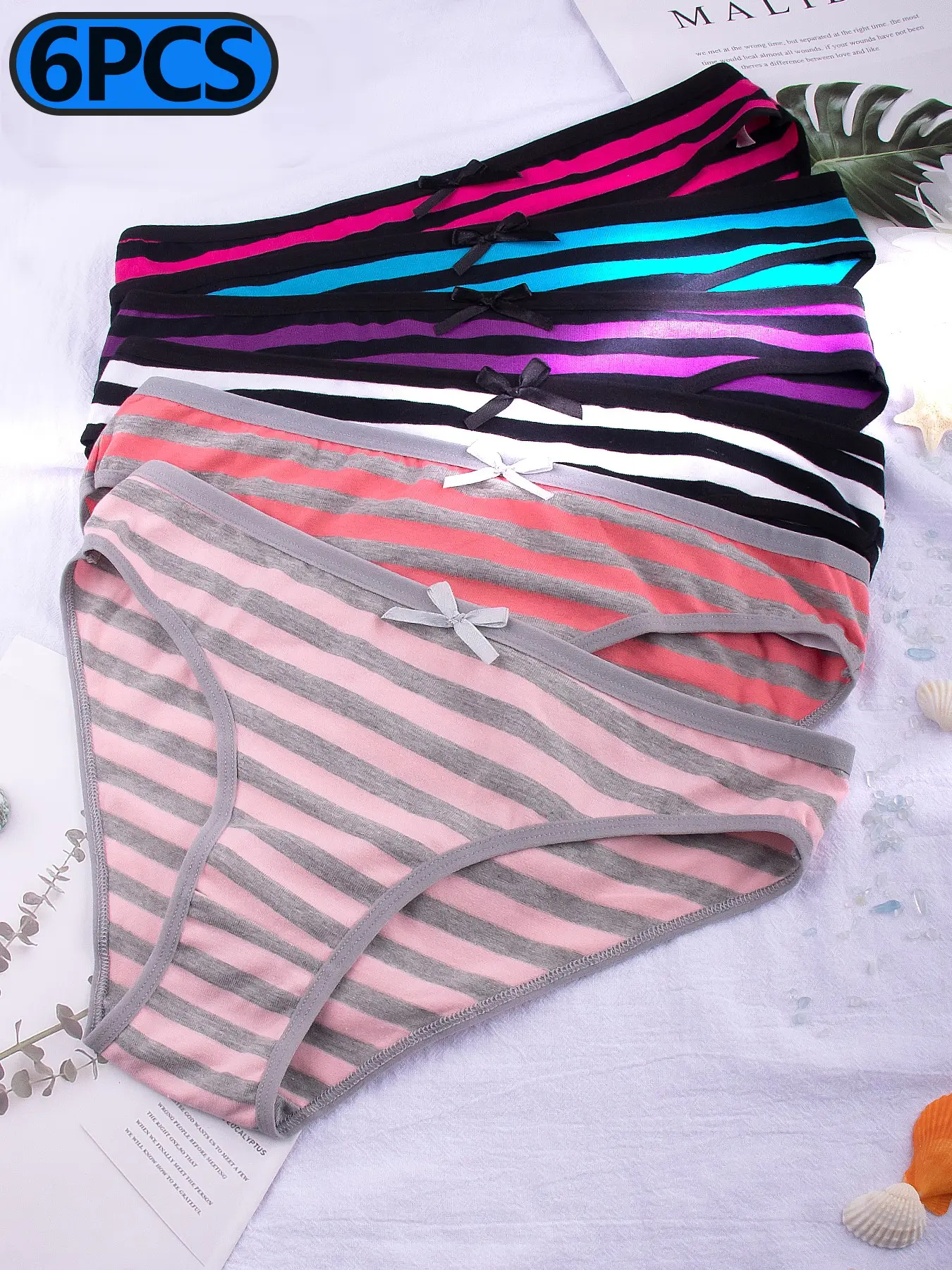 6-Pack Summer Striped Low Rise Panties for Women, Breathable Soft Daily Wear Briefs with Bow Decor