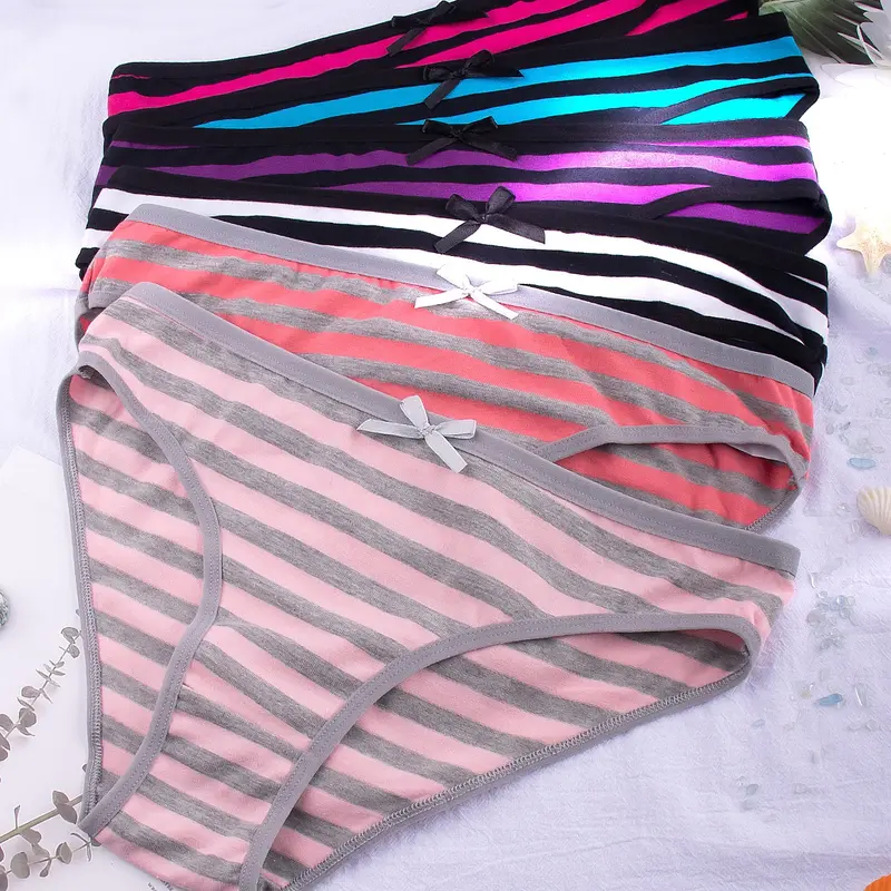 6-Pack Summer Striped Low Rise Panties for Women, Breathable Soft Daily Wear Briefs with Bow Decor Fitted Panty