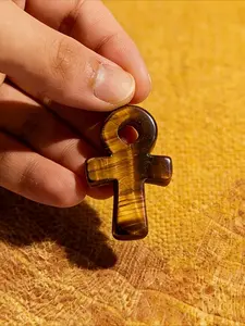 1pc Hand-Polished Natural Tiger's Eye Crystal Ankh Pendant – Ancient Egyptian Lucky Amulet, Perfect Valentine's Day Gift, DIY Spiritual Talisman