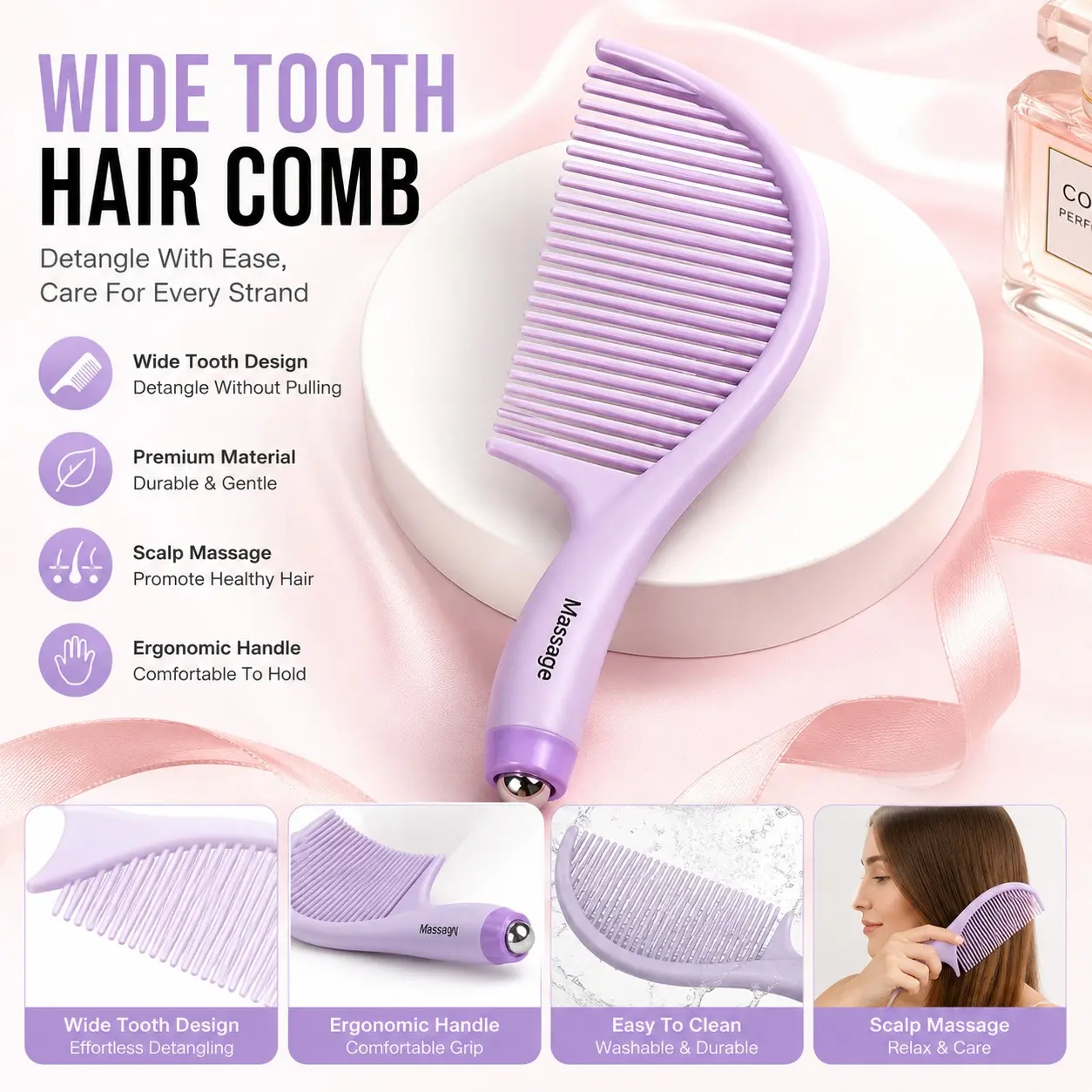 Wide Tooth Exfoliating Comb with Scalp Massager, Gentle Anti-Static Haircare Brush for Curly, Thick, Wet Hair, Perfect Gift for Women