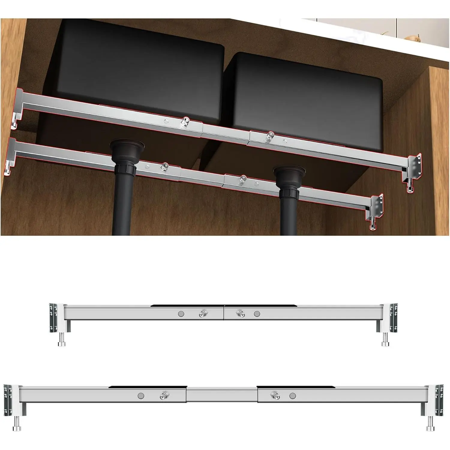 Adjustable Undermount Sink Brackets, Stainless Steel Undermount Sink Support Installation Kit, 29-39.5 inches Adjustable Support Pole for Undermount Kitchen Sink