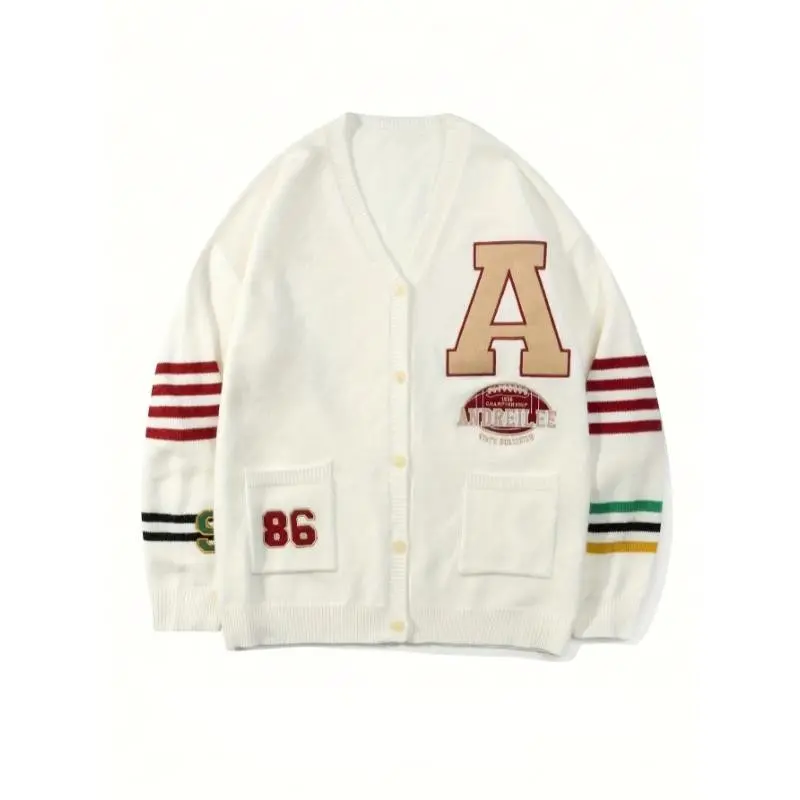 Varsity-Inspired Cardigan - 1pc, Loose Fit, Long Sleeve, V-Neck, Bold "A" Print, Striped Cuffs & Waistband, Unisex for Fall/Winter Casual Wear