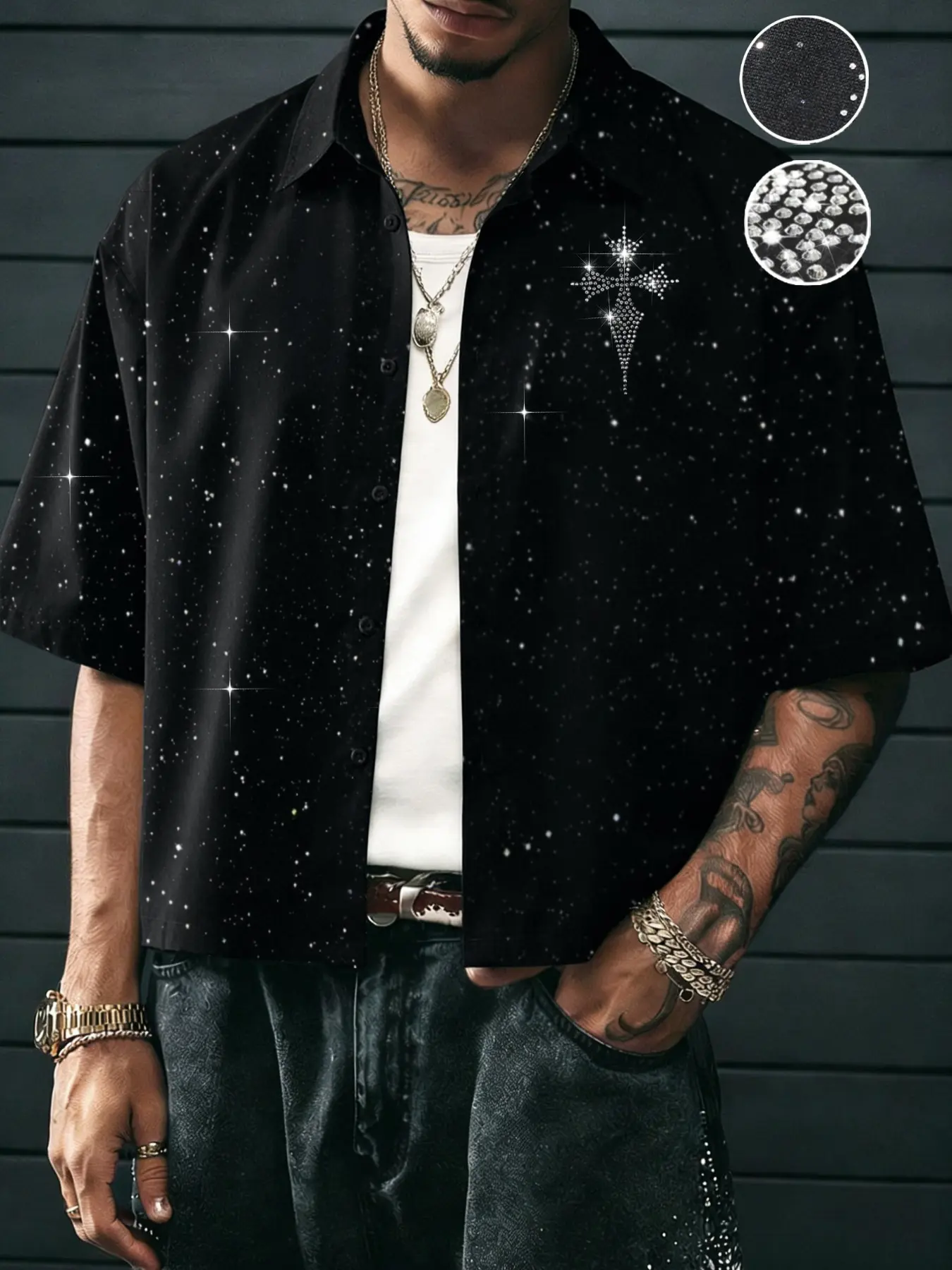 Punk Rock Collar Short Sleeve Shirt, Sparkly Rhinestone Cross Decoration, Loose Button Open Cardigan, Street Style Layered Casual Top
