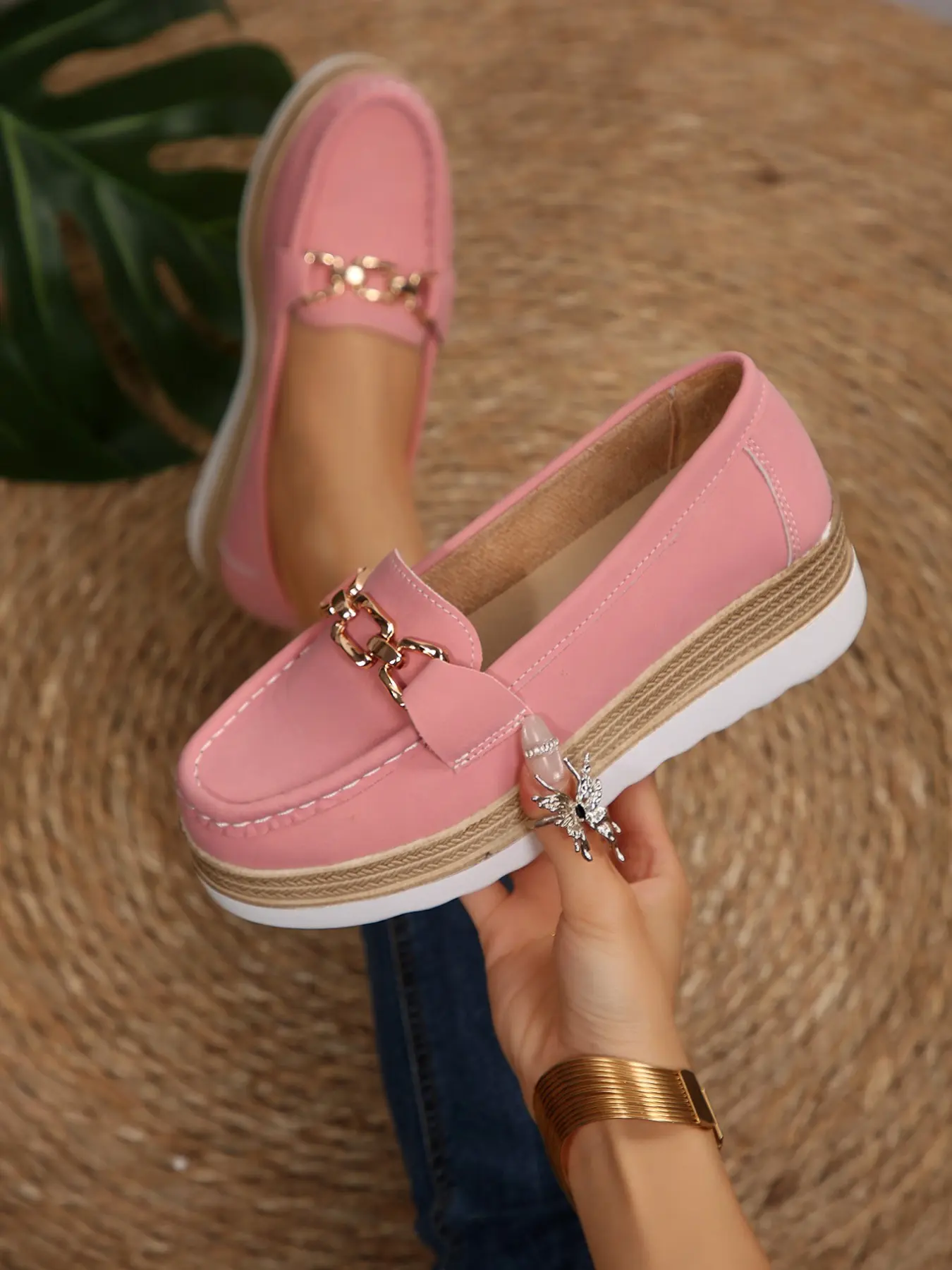 Spring Summer Metal Chain Loafers Women, Straw Patchwork Wedge Thick Sole Slip-On Bean Shoes, Comfortable Anti-Slip Height-Boosting Casual Leather Shoes