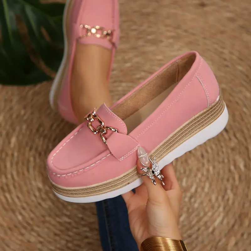 Spring Summer Metal Chain Loafers Women, Straw Patchwork Wedge Thick Sole Slip-On Bean Shoes, Comfortable Anti-Slip Height-Boosting Casual Leather Shoes, Casual Fashion Shoes