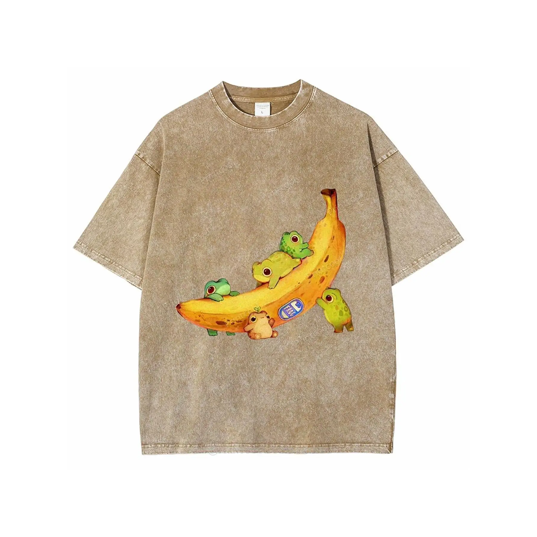 Menswear Round Neck Short-Sleeve Casual Tops - Washed Banana Frog Band Printed 8.11 oz Pure Cotton Batik Vintage Brand T-Shirt, Unisex Summer Wear, Ideal Gift, Shortsleeve, Vintage Chic, Frog Print