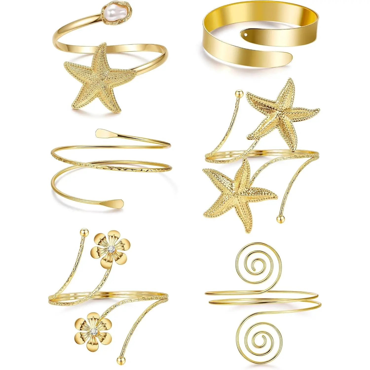 6 count Arm Cuff Bracelets for Women Boho Minimalist Coil Upper Arm Cuffs Starfish Flower Statement Bangle Band Armlet Adjustable Cuff Armband  Stackable Bracelet Set