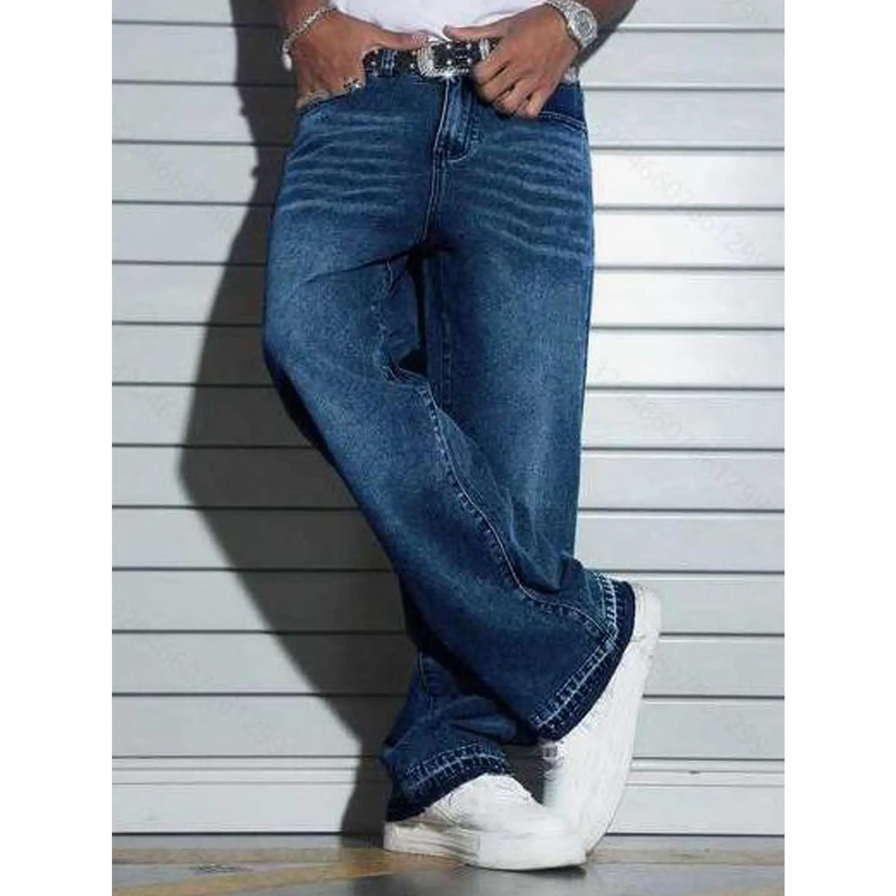 Men's Cotton Blend Medium Wash Baggy Wide Leg Jeans, Cuffed Hem Loose Fit Hip Hop Streetwear Casual Denim Pants