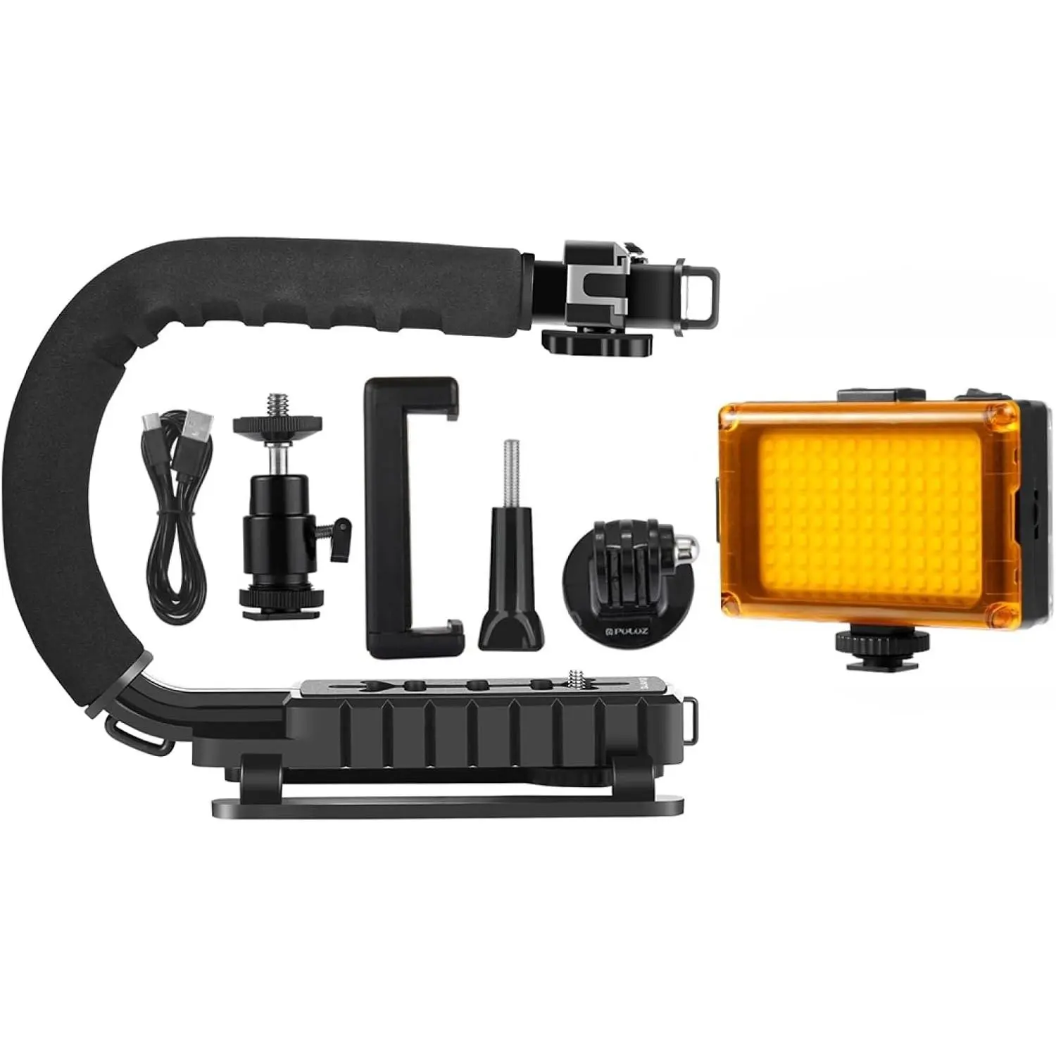 U/C Shape Video Action Stabilizing Handle Grip Handheld Stabilizer Kit with Phone Clamp & LED Studio Light for    Cameras and  DV Camera Smartphones