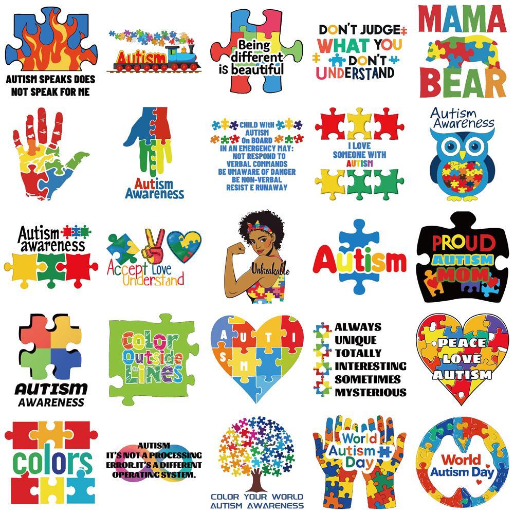 Autism Awareness Themed Sticker (50pcs), Colorful Self Adhesive Decor Paper, Decor Sticker for Gift Greeting Card Water Bottle Laptop Phone Cellphone, Ornaments