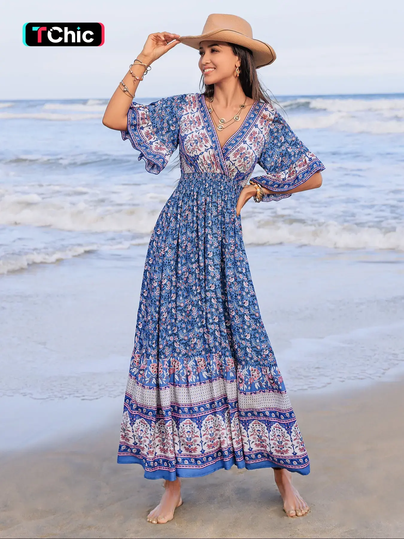 Women's Blue Print Cross V Neck Bell Sleeve Long Dress, Boho Style Festival Beach, Tropical Vacation Wear, Ruffle