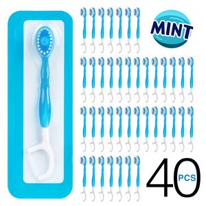 disposable mini travel toothbrush, 40pcs, 5 in1 pre-pasted toothbrush & floss & pick & tongue scraper, portable individual pack for travel, breath freshener bead with ice flavor, no water or rinsing, multifunction, floss glide easily, light as wisp, adult